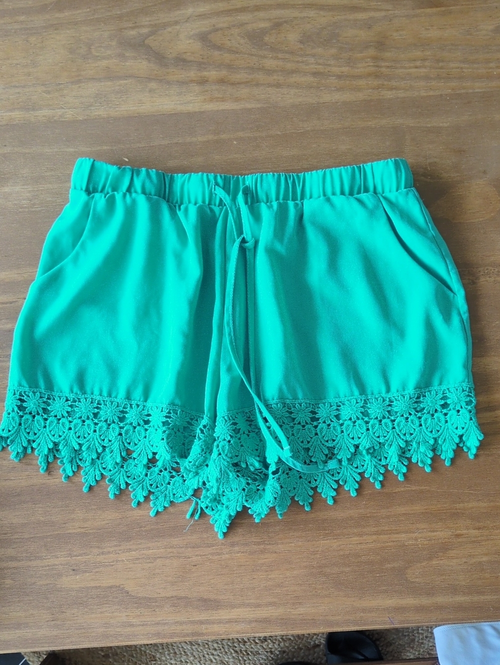 Teal/Turquoise Elastic Waist Shorts with Crochet Trim